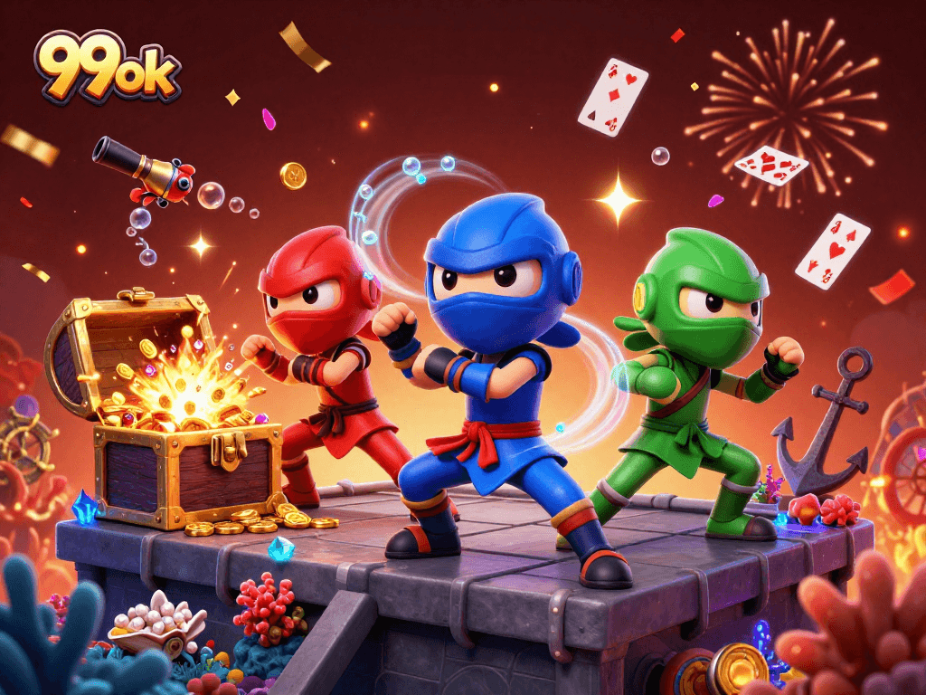 Engage in thrilling action with 99ok's vibrant casino elements amidst ninja chameleons.