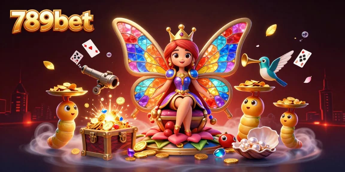 Experience the colorful world of 789bet with a vibrant 3D casino scene filled with gems and fluttering characters.