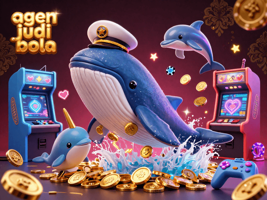 A vibrant scene with a whale and dolphin playing poker chips in a casino showcasing agen judi bola.