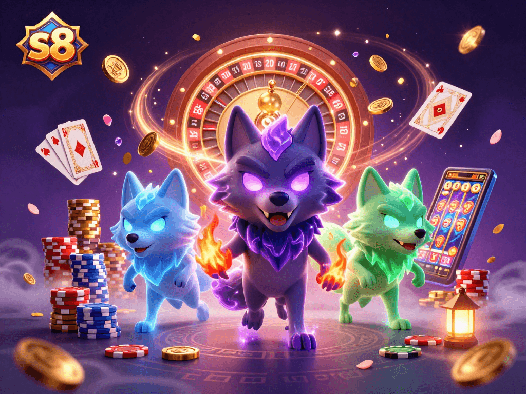 Experience the excitement of winning at s8 with glowing wolf characters and vibrant casino elements.