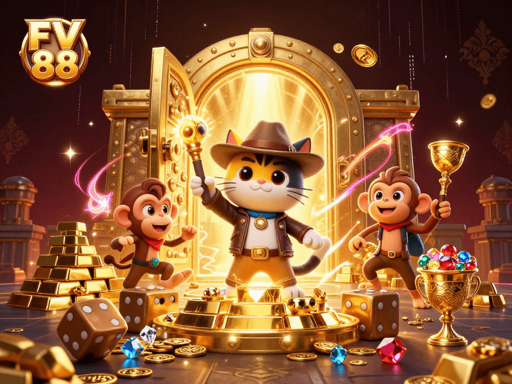 Experience the thrill of FV 88 with a dynamic adventure of winning treasures in a casino environment.