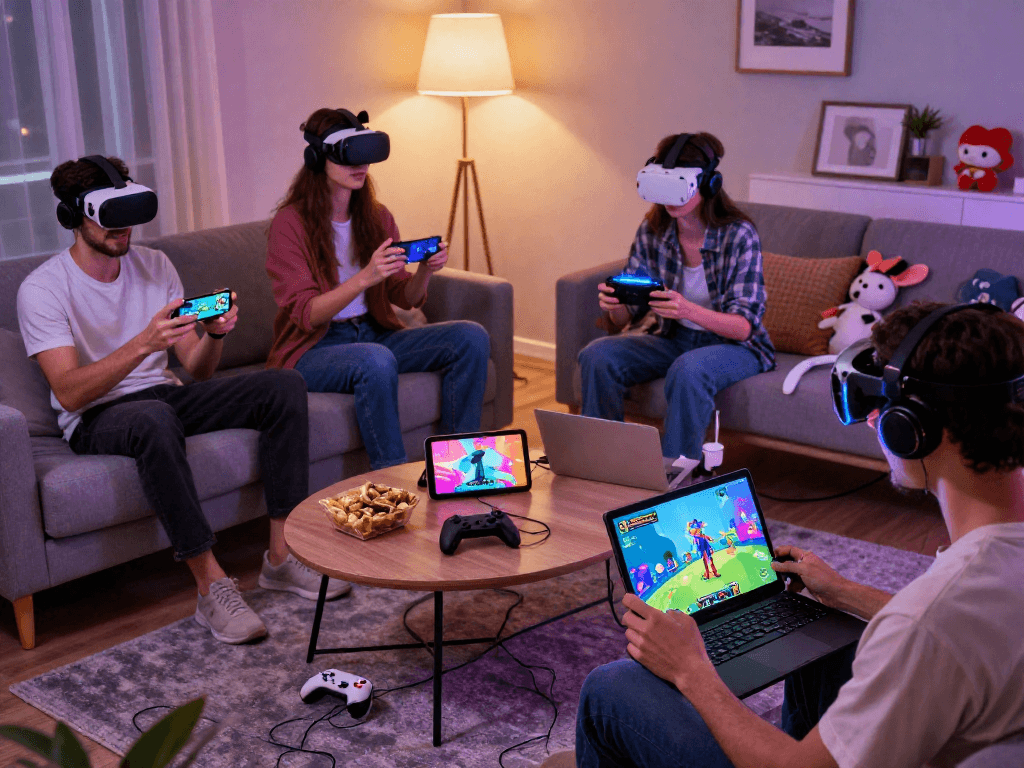 Players enjoying porno games on various devices in an inviting living room.