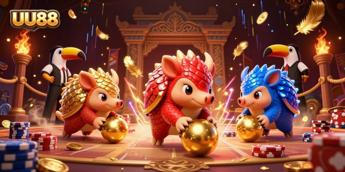 UU88 pangolins compete with dazzling poker chips in a vibrant 3D casino scene