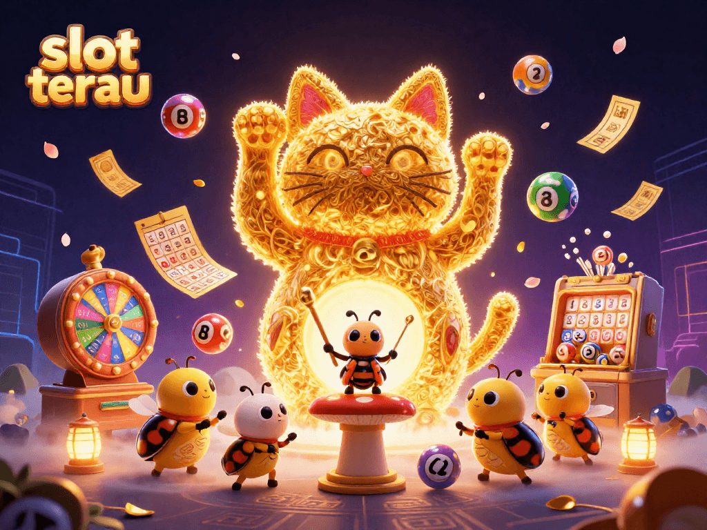 Experience winning with slot terbaru as a lucky cat celebrates casino symbols in a vibrant scene.