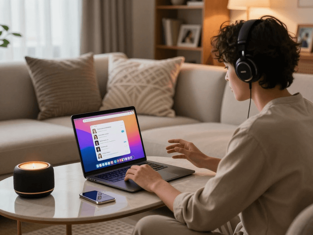 Engaging in a sex AI chat session in a cozy modern personal space.