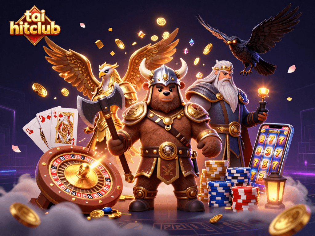 Experience excitement with tải hitclub in this vibrant gaming scene featuring a Viking bear and Valkyrie eagle.