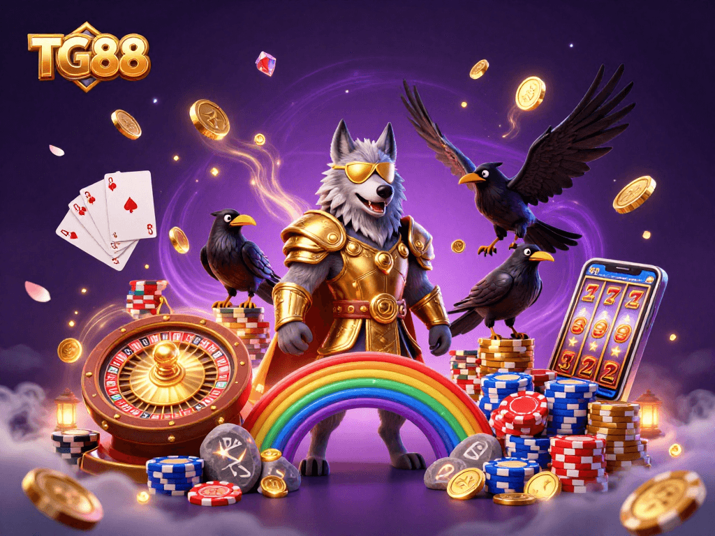 Experience a vibrant casino scene with TG88 featuring Odin and ravens amidst jackpot elements.