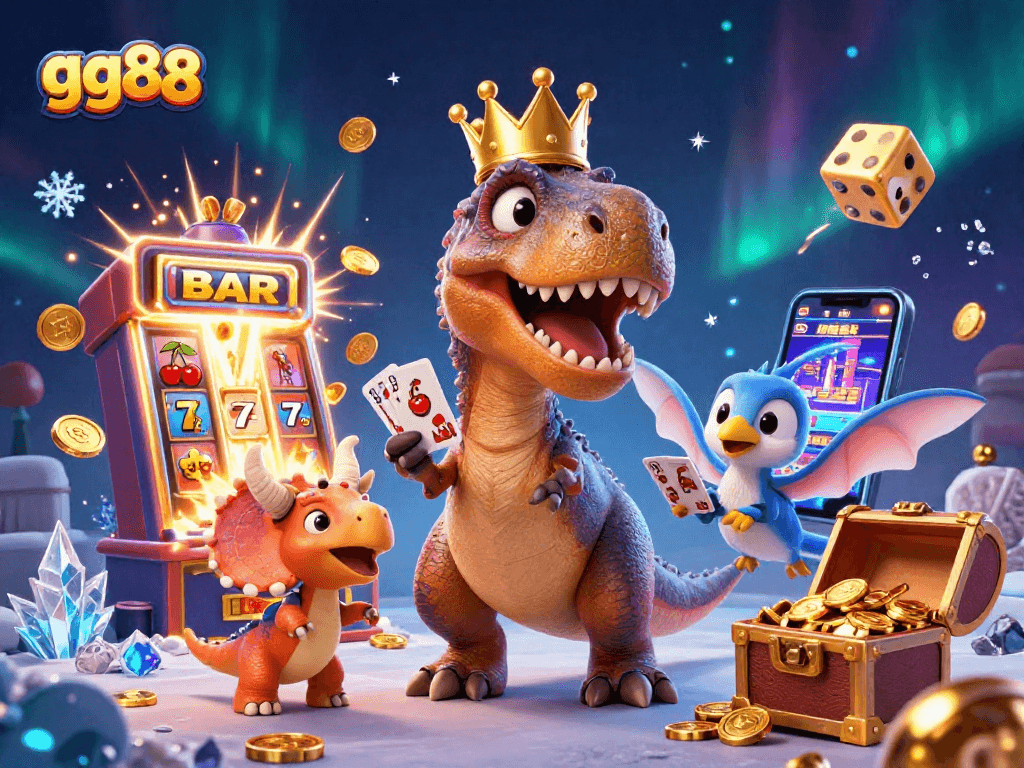 Play at gg88 with dynamic illustrations of a T-Rex and friends in an exciting casino setting.