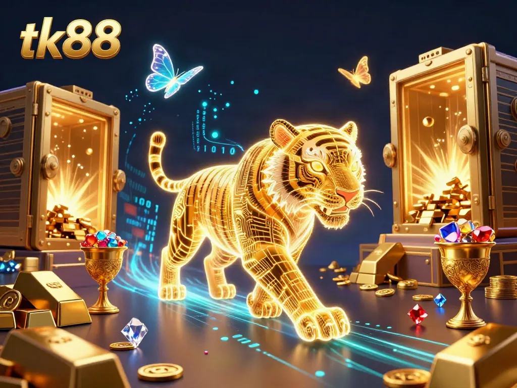 Experience the thrilling world of tk88 with a vibrant 3D casino scene featuring dynamic golden treasures and a neon tiger.