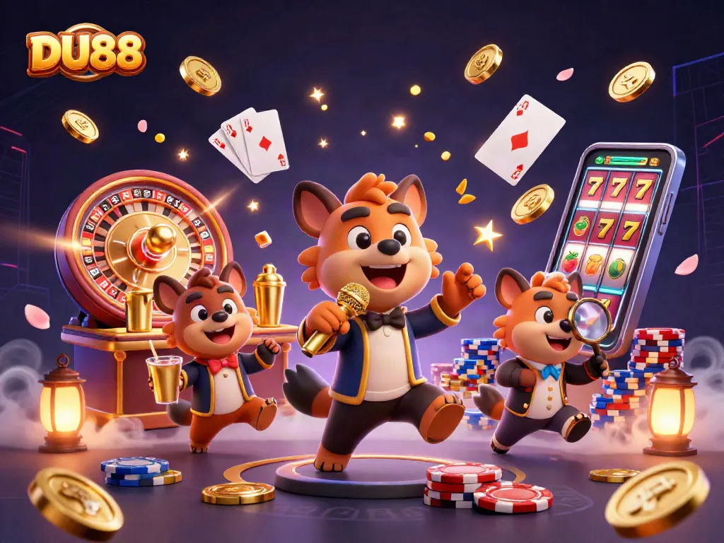 Engage with DU88's vibrant comic casino scene featuring hyena characters, slot machines, and roulette wheel.