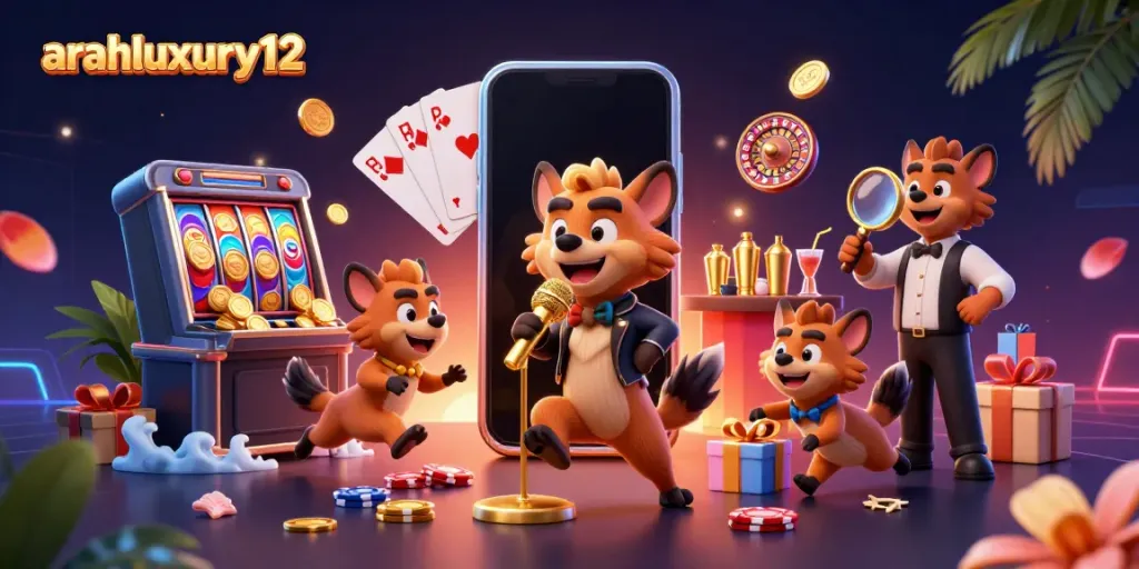 Menghadirkan arahluxury12 dengan hyena pelawak dan bartender dalam suasana kasino yang meriah.