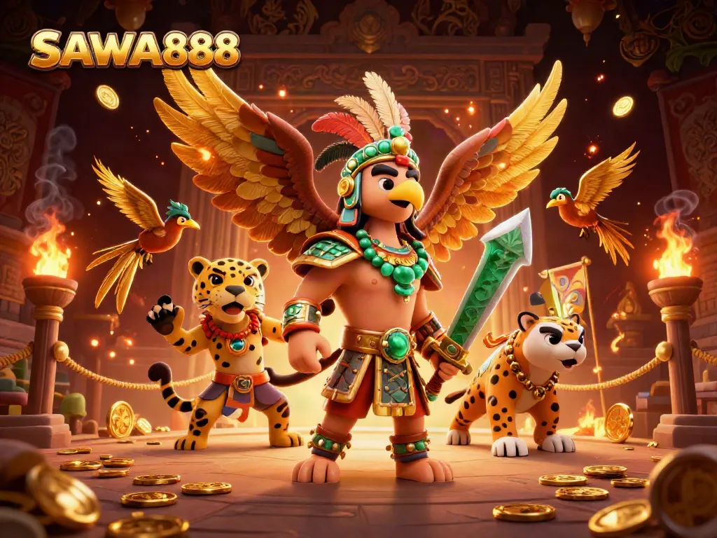 Engage with SAWA888 in this vibrant 3D illustration featuring dynamic casino elements and Aztec warriors.