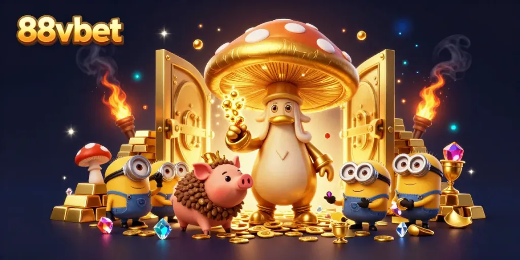 Experience the magic of 88vbet with a golden wizard amidst a treasure-filled casino scene.