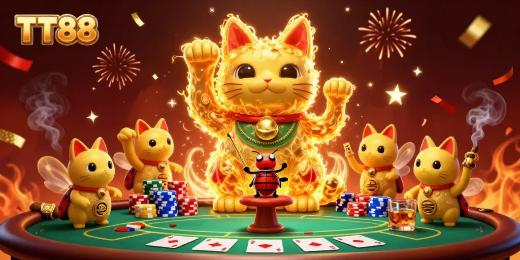 Engage with TT88's dynamic gambling experience with a glowing lucky cat and festive poker elements.