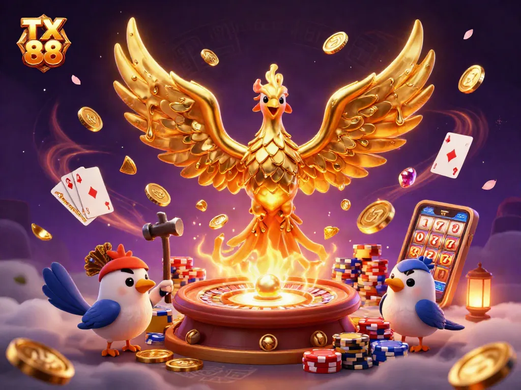 Experience thrilling gameplay in TX 88 as a phoenix emerges from gold, surrounded by vibrant casino elements.