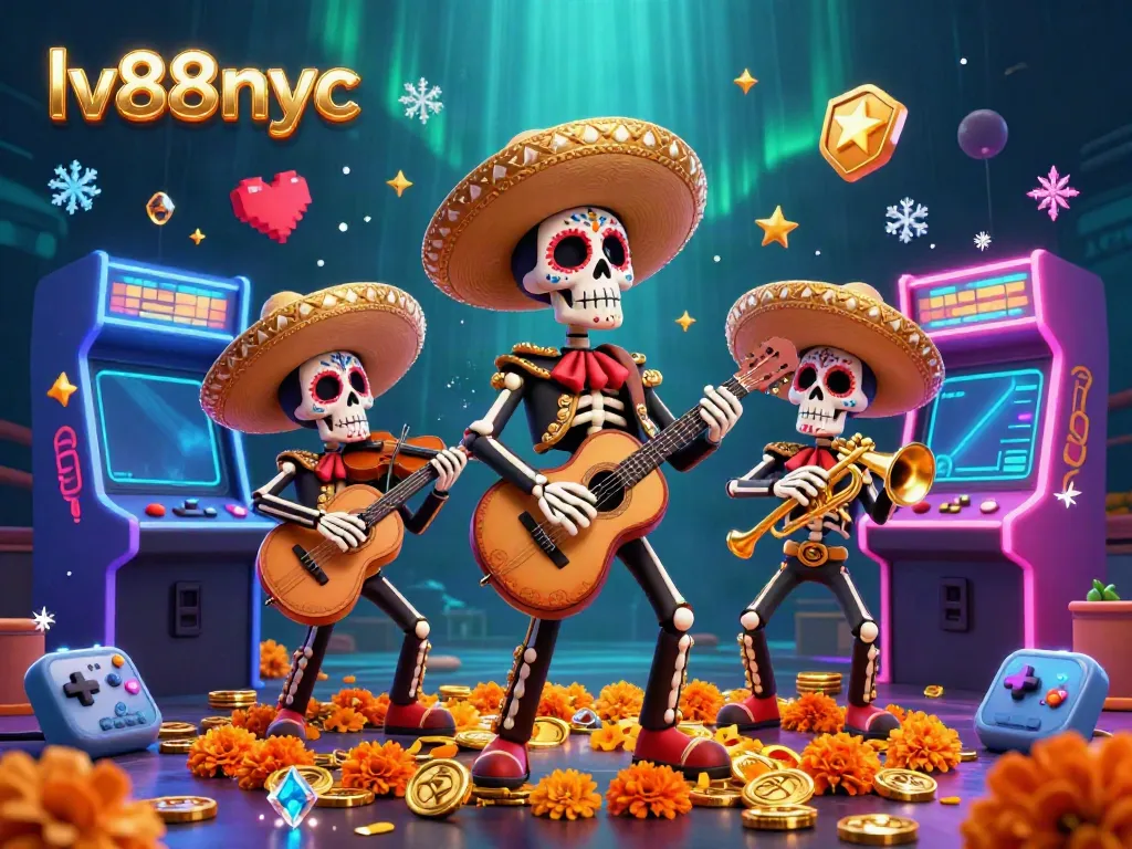 Experience high stakes fun at lv88nyc, featuring vibrant skeleton mariachis and gaming thrills.