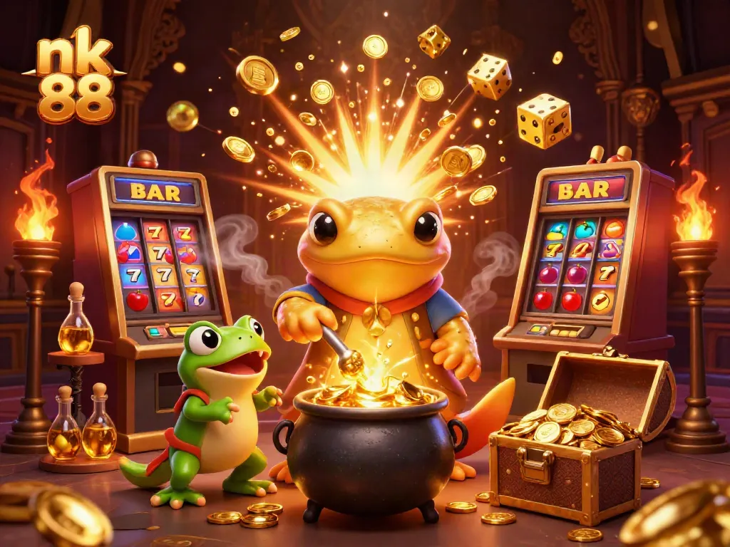Experience nk 88 with vibrant casino elements and gold-themed magical creatures at play.