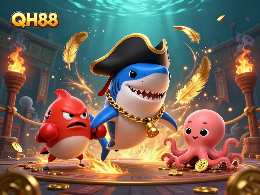 Engage with QH88 in an exciting underwater casino scene animated with vibrant characters and elements.