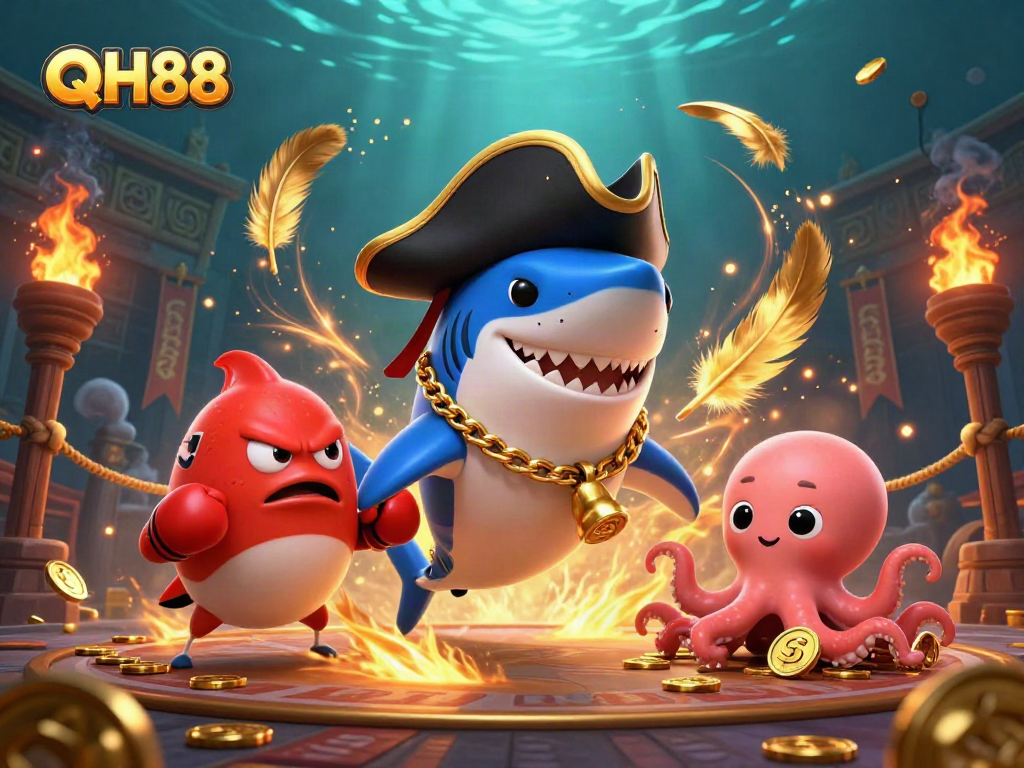 Engage with QH88 in an exciting underwater casino scene animated with vibrant characters and elements.
