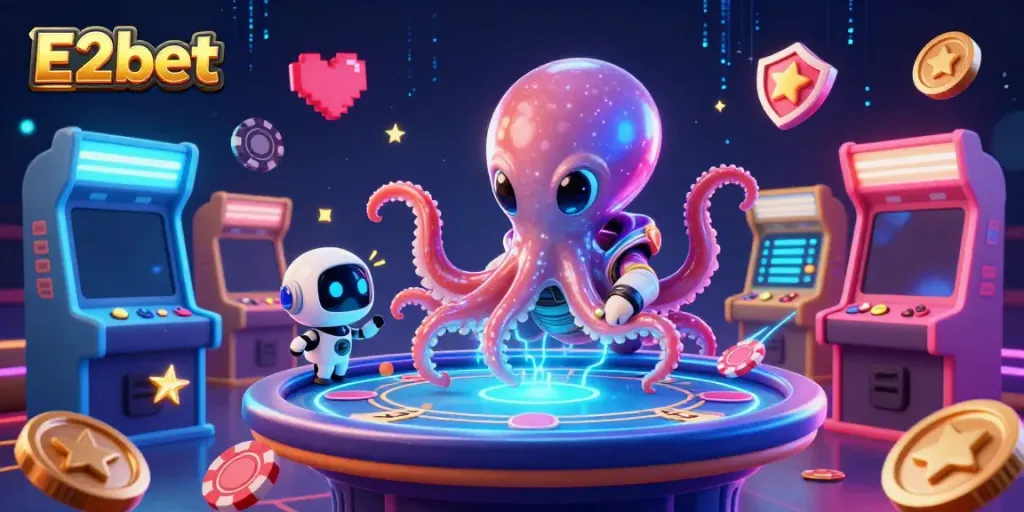 Engage with E2bet's captivating alien octopus operating a holographic poker table amidst vibrant gaming elements.