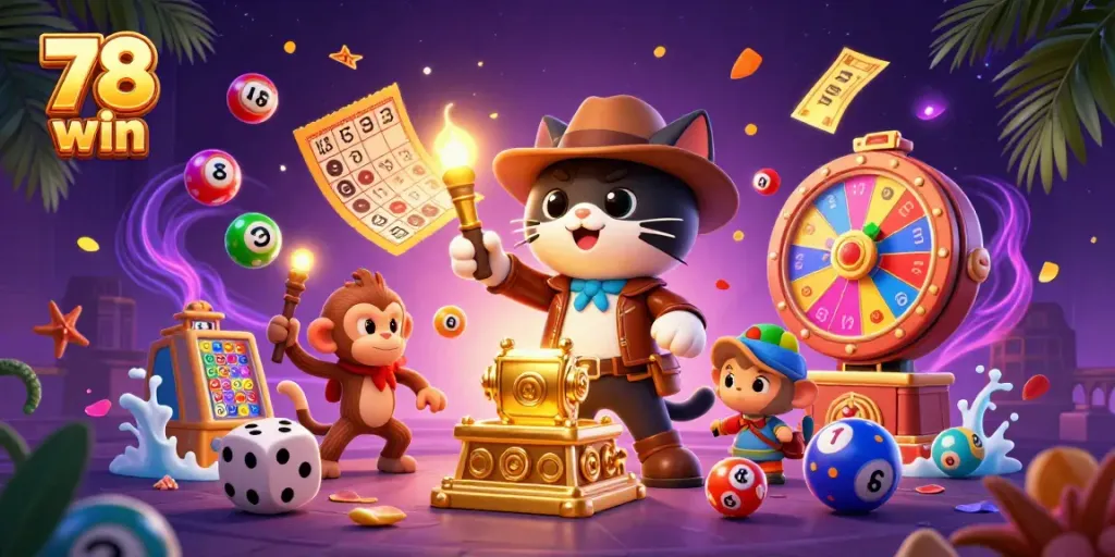 Explore thrilling gambling experiences with 78 win surrounded by colorful lottery elements and dynamic action.