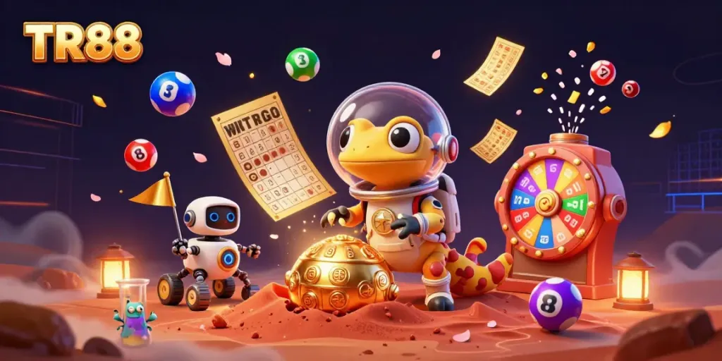 Experience the thrill of TR88 with a Martian gecko discovering a golden casino amidst vibrant gambling elements.