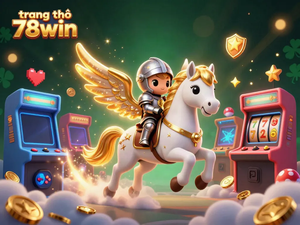 Experience the thrill of triumph with the vibrant scene at trang chủ 78win showcasing a celestial horse, arcade games, and dynamic casino elements.