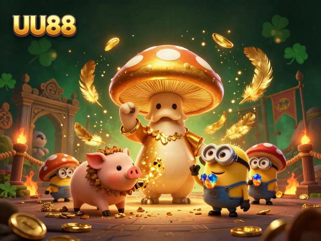 Engage in golden magic with UU88, featuring a wizard, treasure pig, and mushroom minions in a rich casino setting.