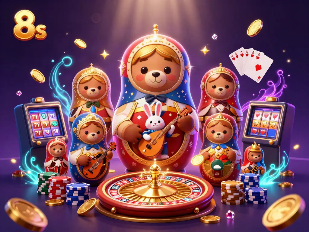 Play slots and win with 8s at this vibrant casino-themed illustration featuring playful characters.