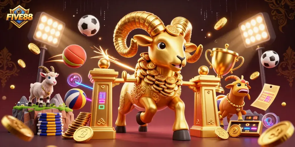 Engage with thrilling FIVE88 sports betting action featuring a dynamic golden ram and vibrant game elements.