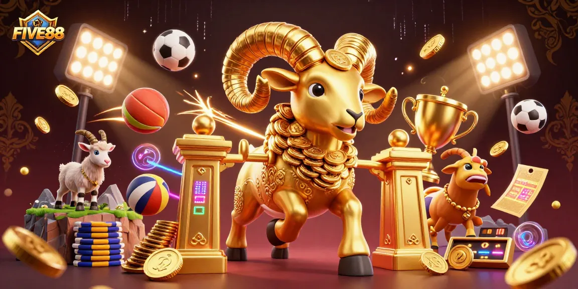Engage with thrilling FIVE88 sports betting action featuring a dynamic golden ram and vibrant game elements.