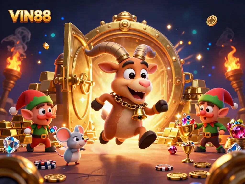 Experience the thrill of VIN88 with gremlins and a festive Krampus in a captivating casino scene.