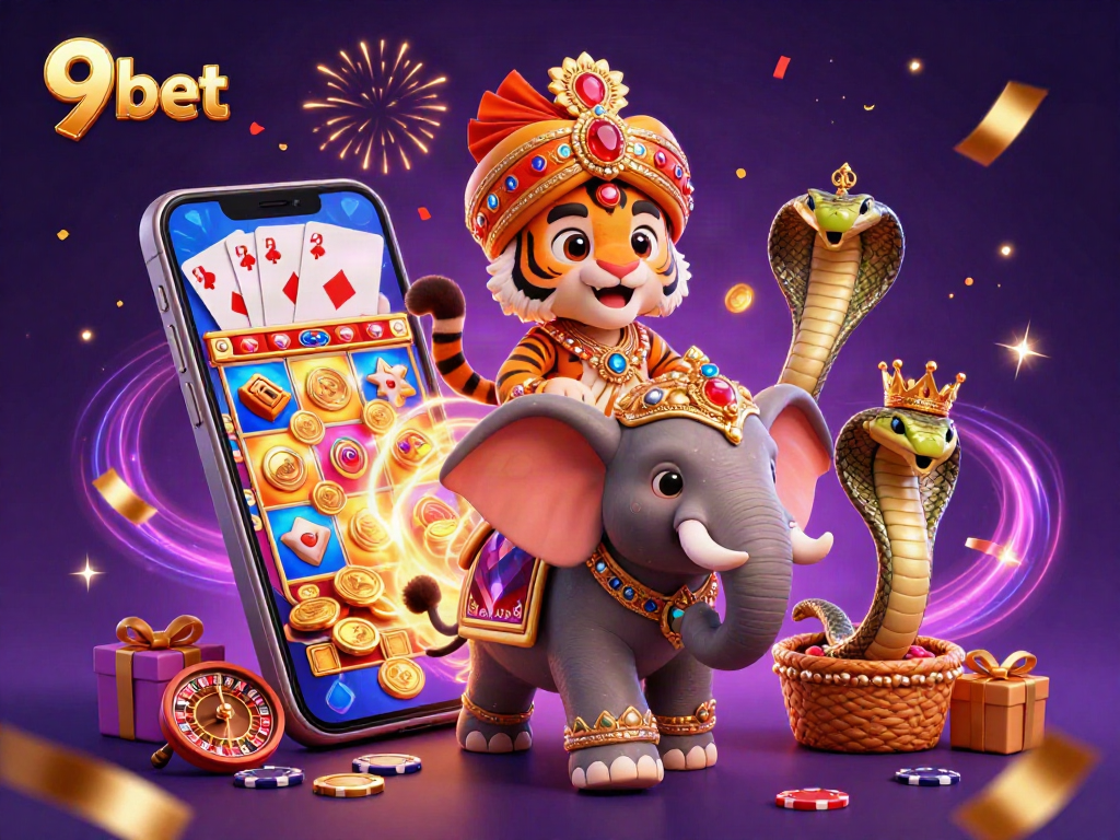 A dynamic 3D casino scene showcasing 9 bet with vibrant characters, slot games, and rich decorative elements.