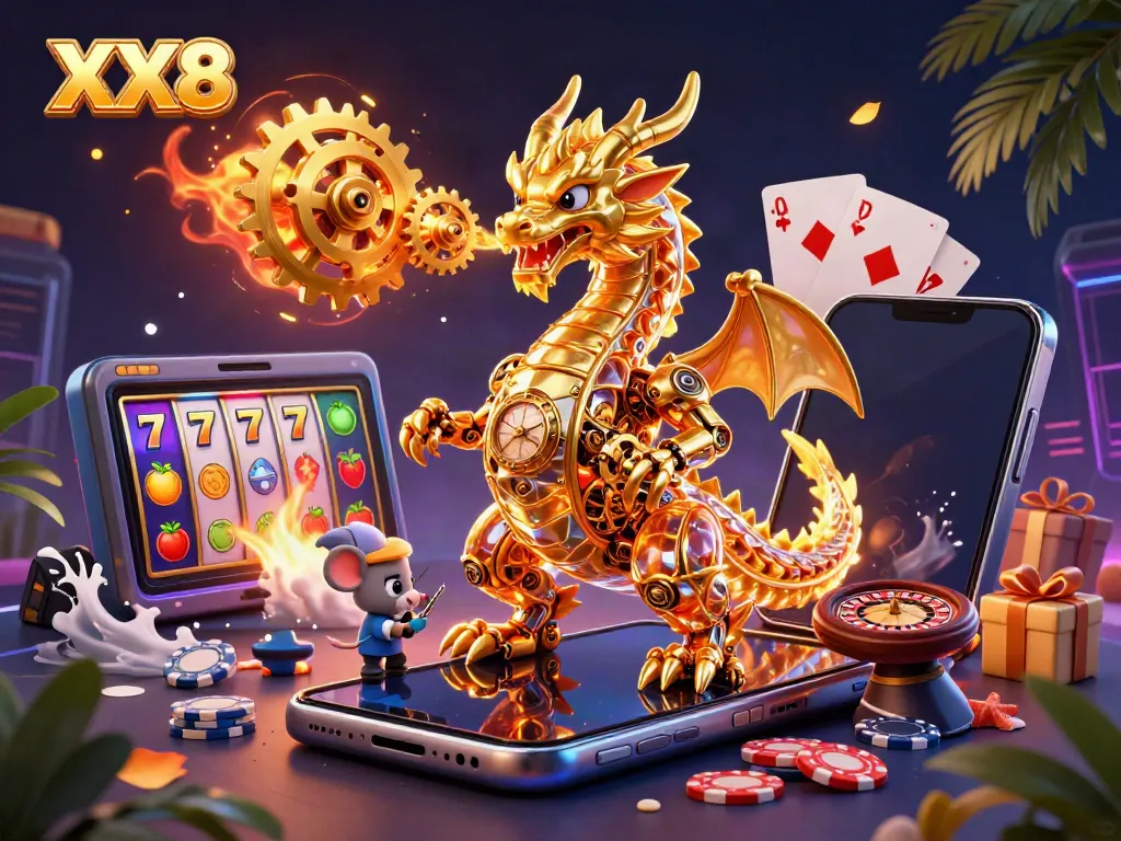 Experience the thrill of XX8 with a golden dragon, slot games, and poker elements in a dynamic casino scene.