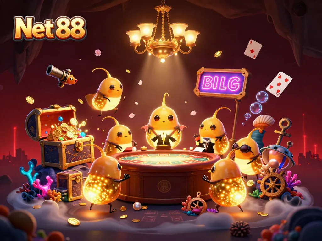 Experience thrilling gaming at Net 88 with bioluminescent glowworms in a vibrant casino.