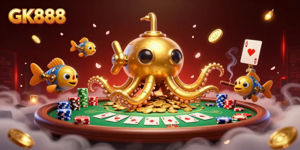 Engaging GK888 casino scene featuring a golden kraken submarine among poker elements