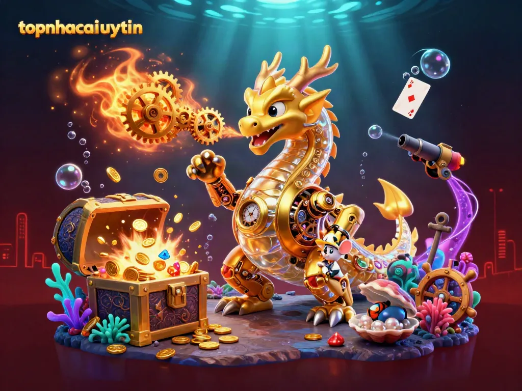Experience the exciting world of topnhacaiuytin with a biomechanical dragon and vibrant casino elements.