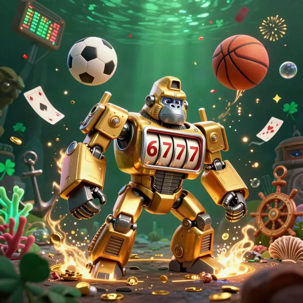 Golden gorilla slot-mech with monkey pilot amid soccer and basketball chaos underwater