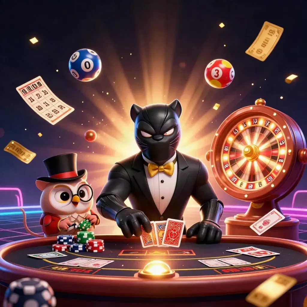 Panther dealer, owl, and mouse amid jackpot lights, spinning wheels, and casino treasure glow.