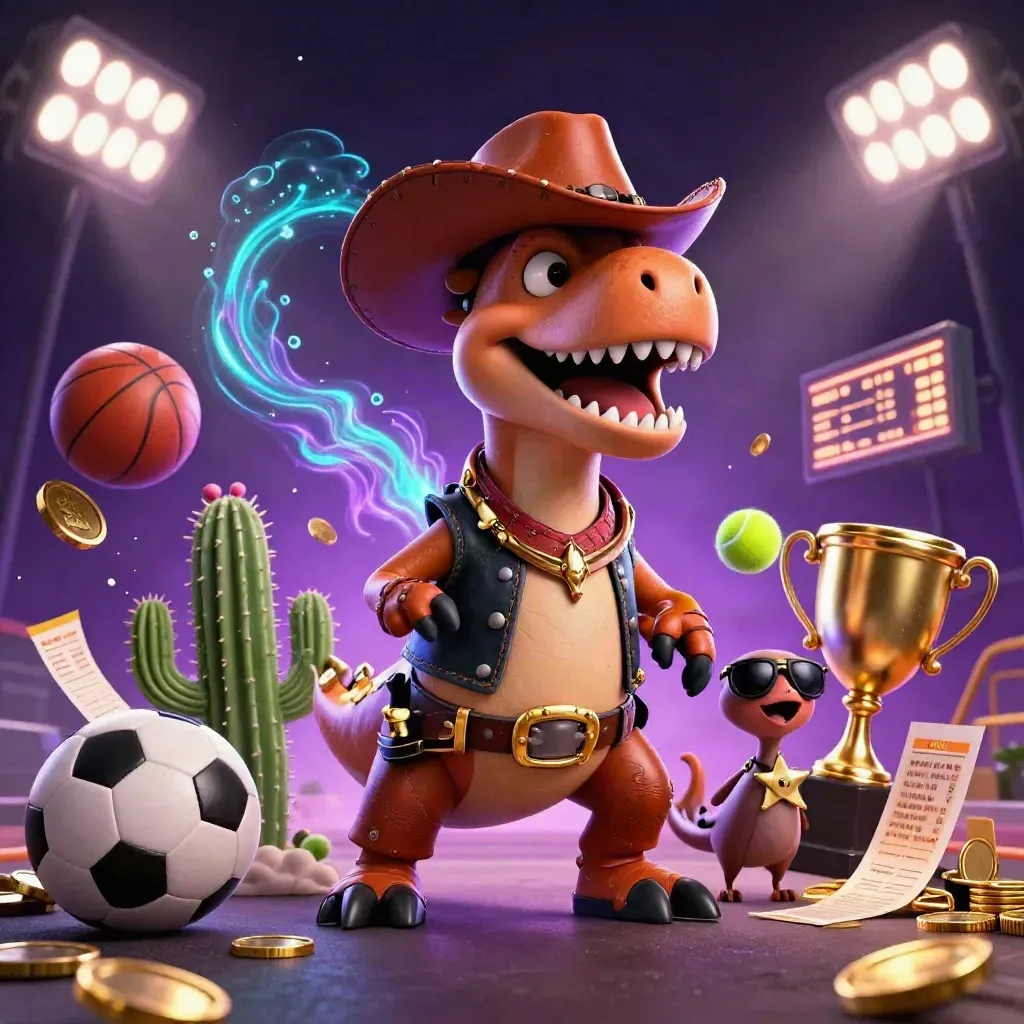 Cowboy T-Rex, cactus sidekick, and roadrunner amid flying sports balls and casino gold.