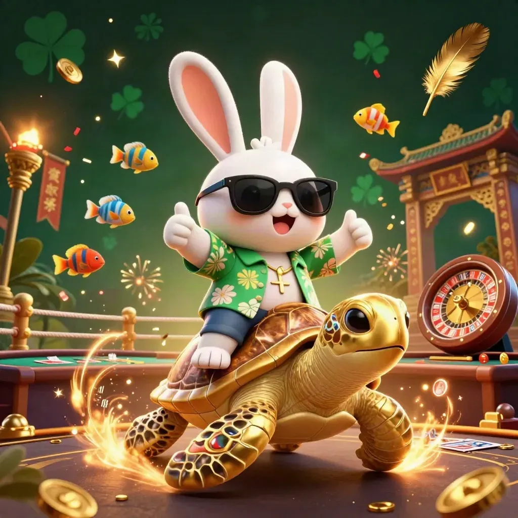 Lucky rabbit rides a golden turtle amid casino magic, roulette, fireworks, and emerald-gold lights.