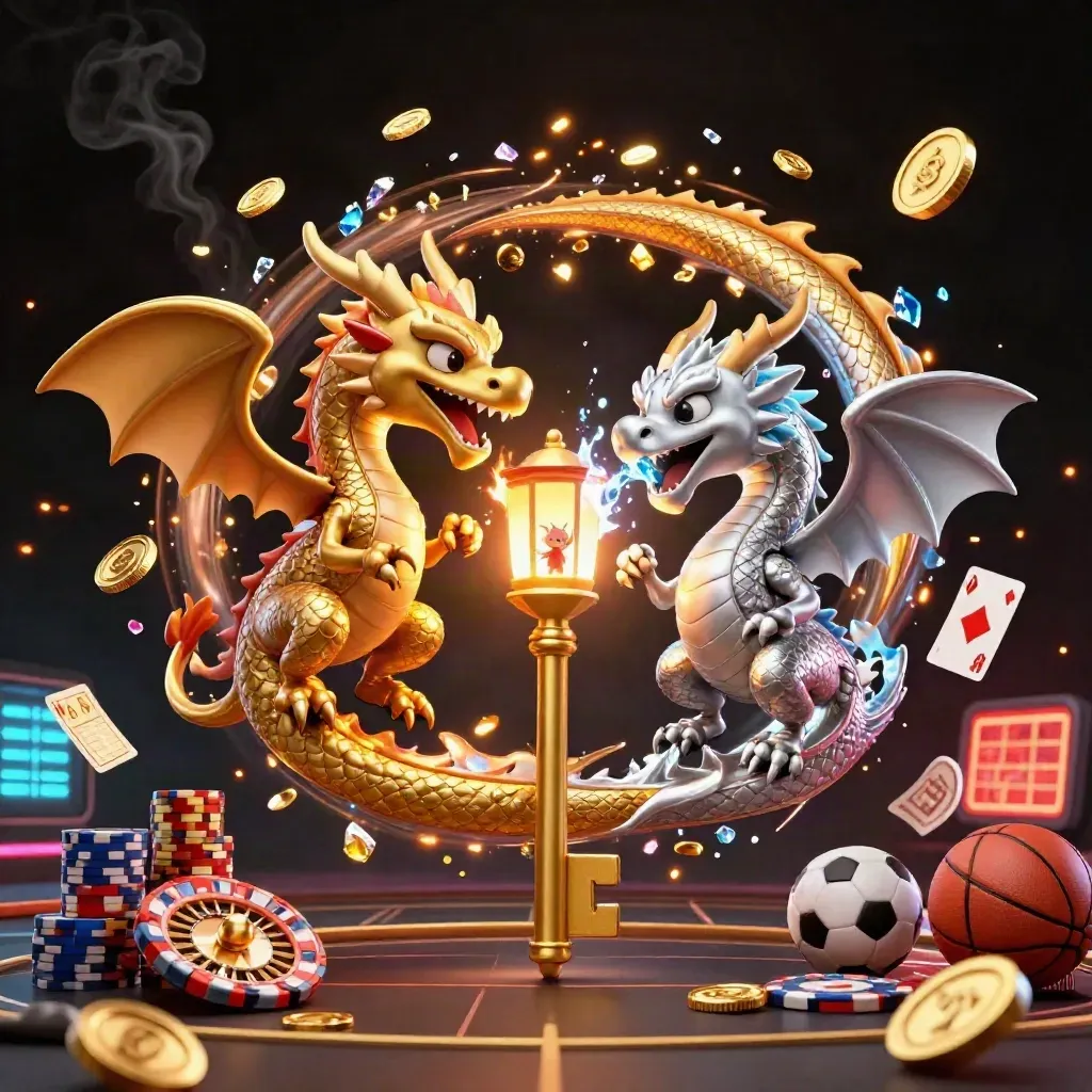 Twin gold and silver dragons spiral through casino-game energy with coins, chips, cards, and sports balls.