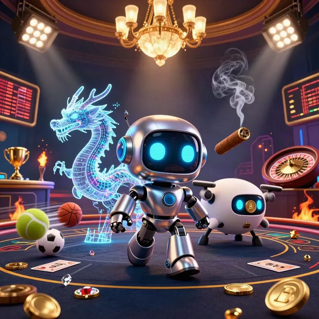 Cyberpunk robot, holographic dragon, drone, casino props, copper-gold glam in a dark neon room.