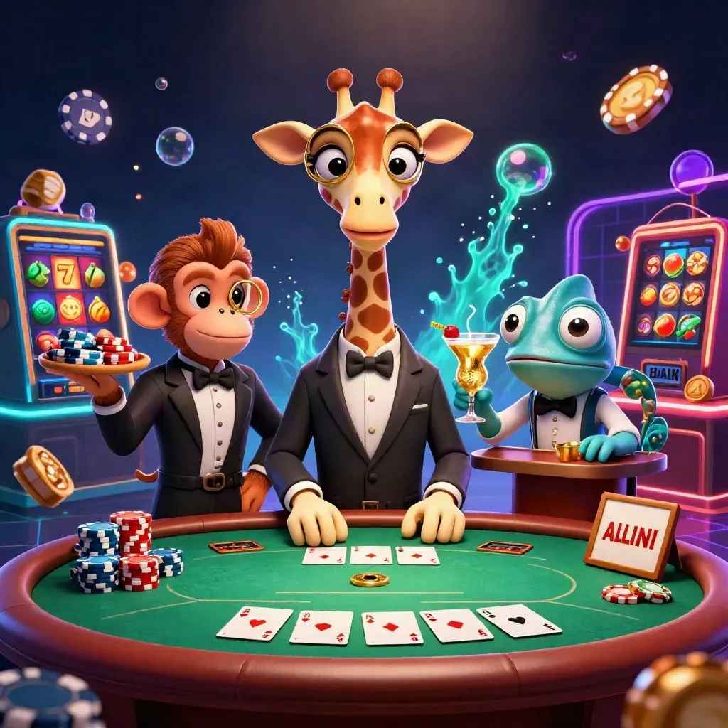 Giraffe, monkey, and chameleon at a glowing VIP poker table with chips and slot bursts.