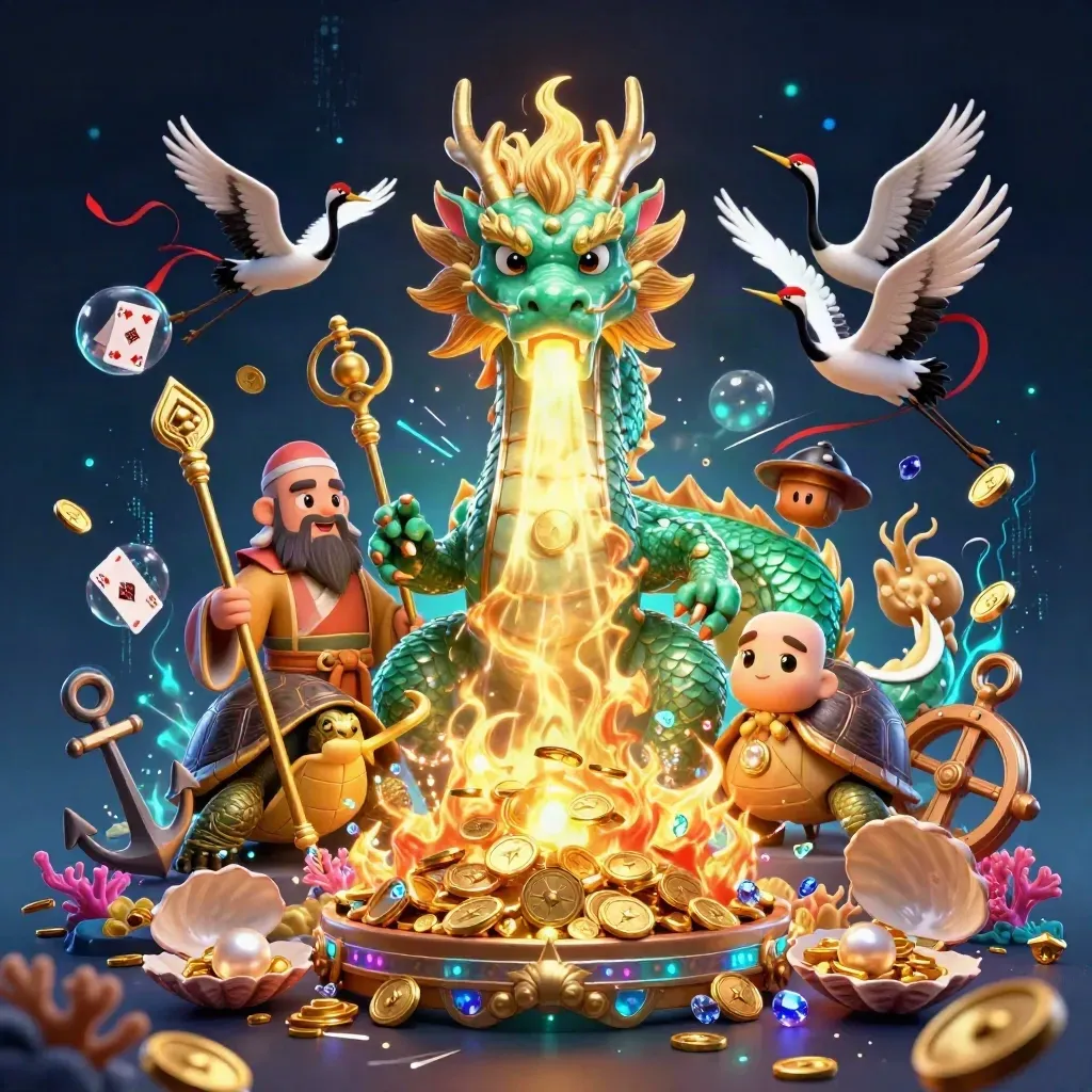 Jade dragon, turtle sage, and cranes in a treasure cove with gold, coral, and cyan magic.