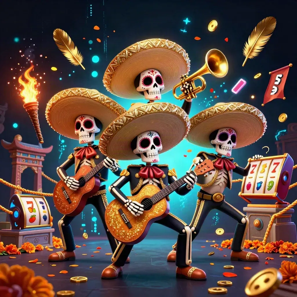 Skeleton mariachi trio amid gold coins, reels, temple gate, cyan glow and casino sparks.
