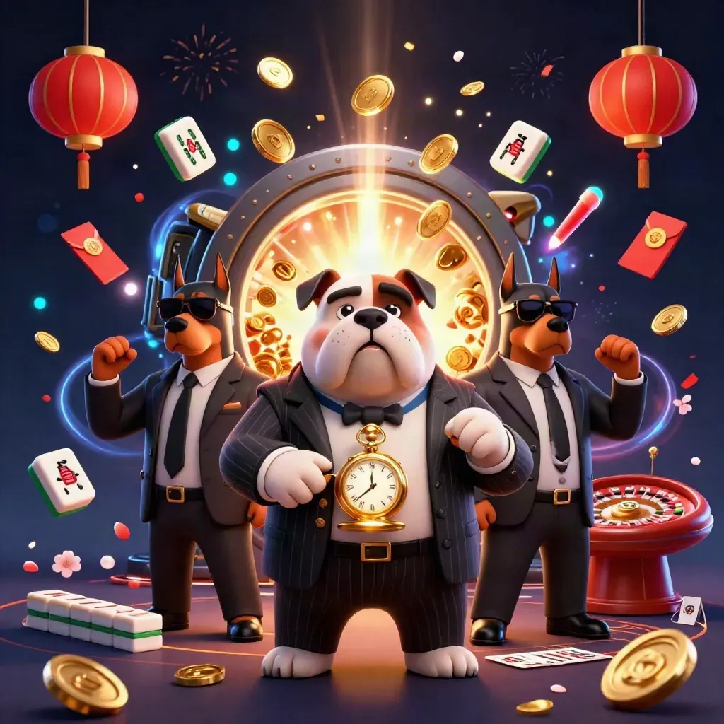 Bulldog boss and two Dobermans amid exploding coins, lanterns, fireworks, and casino treasure glow.