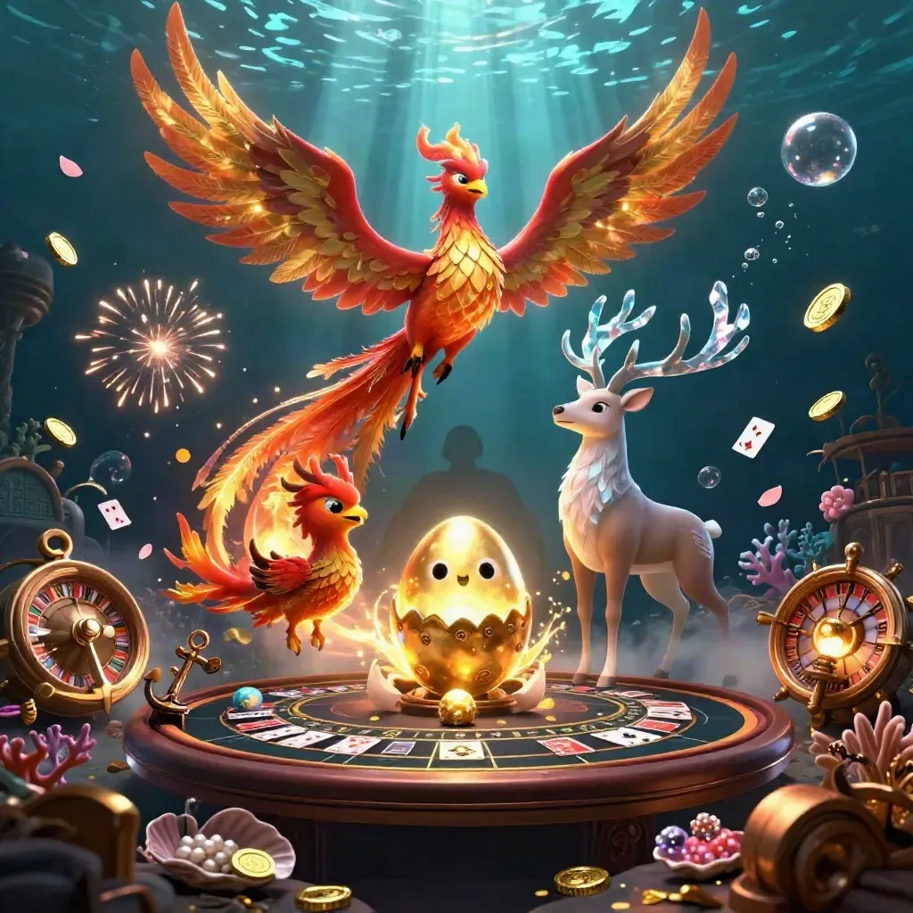 Phoenixes and a crystal-antler stag amid coin showers in a glowing underwater treasure cove.