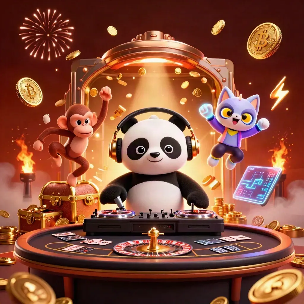 Panda DJ, dancing monkey, and kitten amid coins, fireworks, and casino treasure burst.