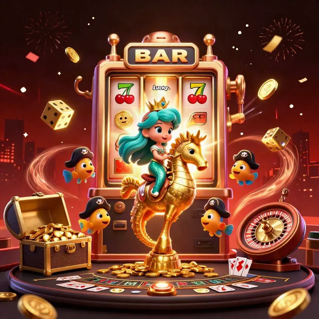 Mermaid princess rides armored seahorse amid slot bursts, coins, fireworks and casino relics.
